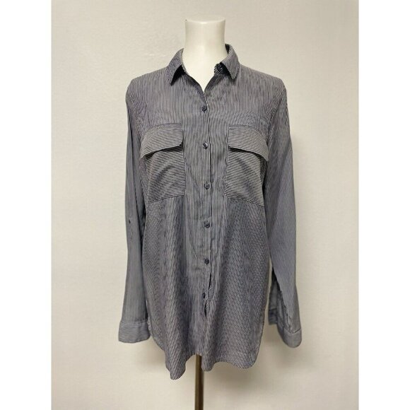Express Womens Blouse Size Md Button Up Roll Tab Sleeve Grey/White Stripe - Picture 7 of 14